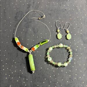 Vibrant Green and Orange Beaded Necklace Set